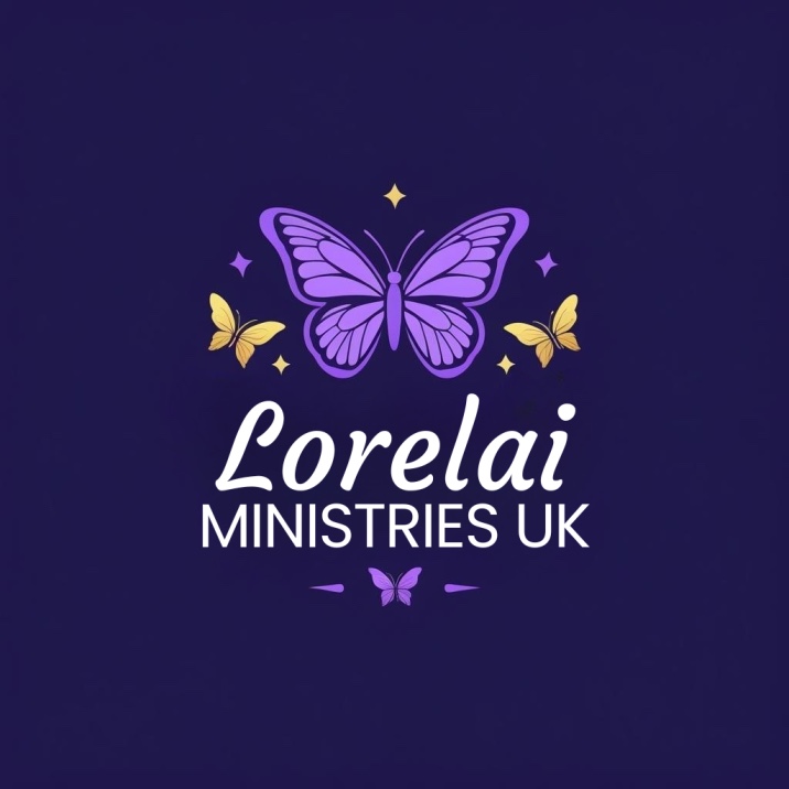 Lorelai Ministries Logo. Purple and gold butterflies above white text with the business name. On top of a Blue Background